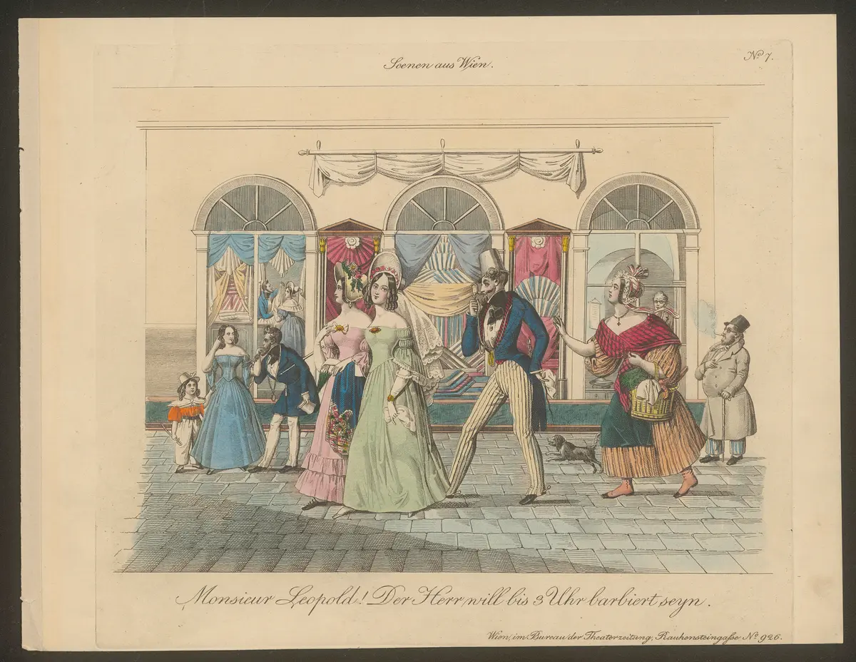 Monsieur Leopold! Der Herr will bis 3 Uhr barbiert seyn., Titel der Serie: Wiener Scene, Name der Zeitschrift: Wiener Theaterzeitung