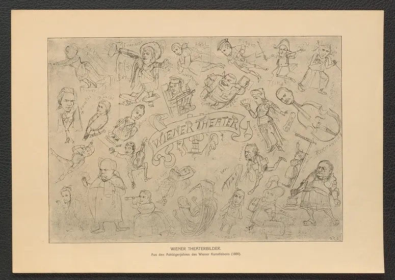 Wiener Theaterbilder. (Aus den Achtzigerjahren des Wiener Kunstlebens, 1880), Titel der Serie: Theo Zasche's Lachendes Wien