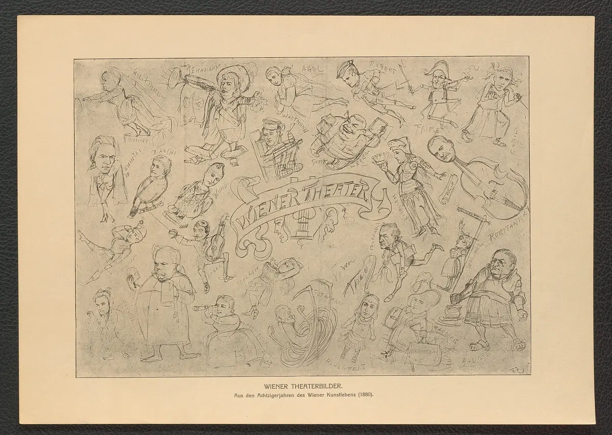 Wiener Theaterbilder. (Aus den Achtzigerjahren des Wiener Kunstlebens, 1880), Titel der Serie: Theo Zasche's Lachendes Wien