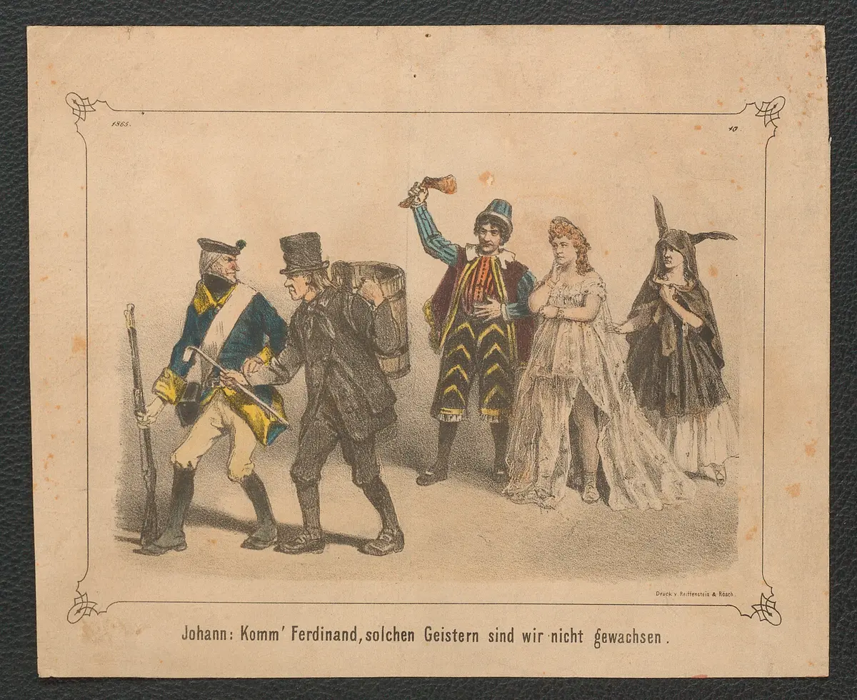 Johann: Komm' Ferdinand, solchen Geistern sind wir nicht gewachsen, Alternativtitel: Wie Raimund und Nestroy vor den Geistern der Eselshaut-Periode entfliehen. (Mit Bild.), Name der Zeitschrift: Komische Briefe des Hans-Jörgel von Gumpoldskirchen [...]