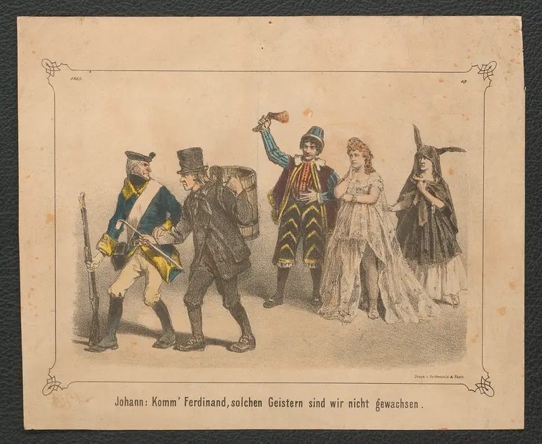 Johann: Komm' Ferdinand, solchen Geistern sind wir nicht gewachsen, Alternativtitel: Wie Raimund und Nestroy vor den Geistern der Eselshaut-Periode entfliehen. (Mit Bild.), Name der Zeitschrift: Komische Briefe des Hans-Jörgel von Gumpoldskirchen [...]