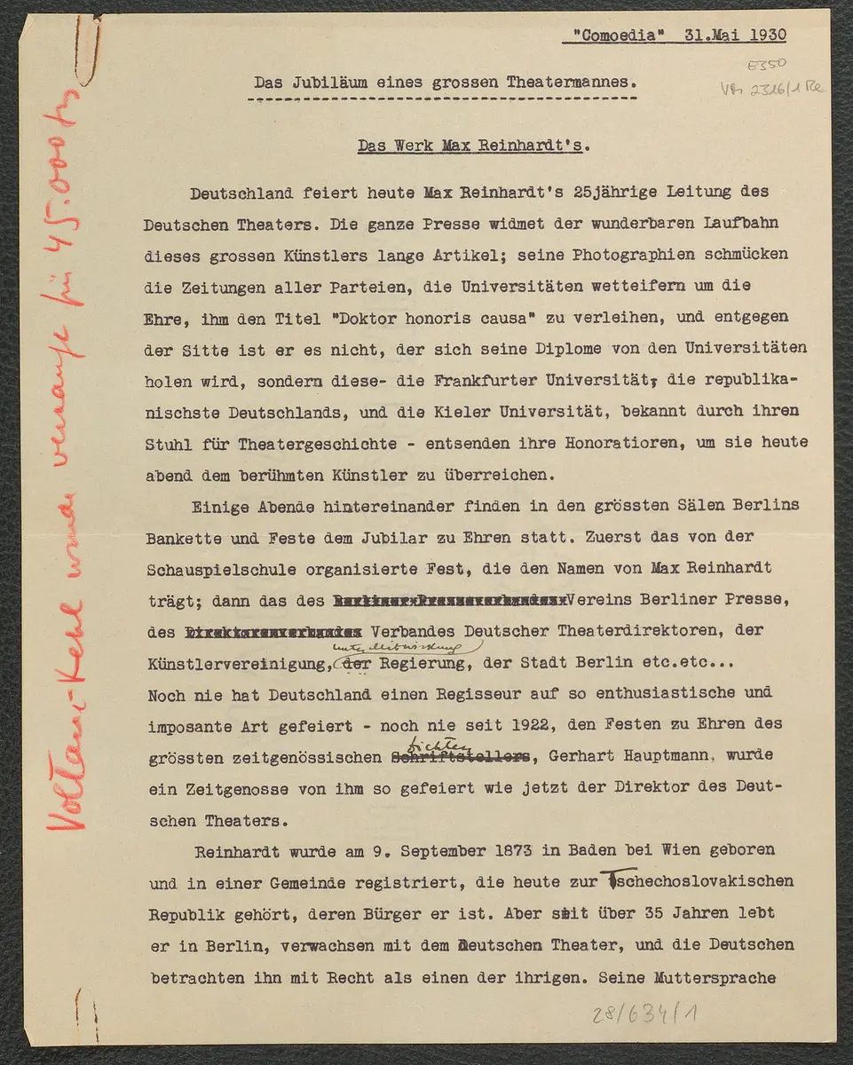 Das Werk Max Reinhardt's. Das Jubiläum eines großen Theatermannes