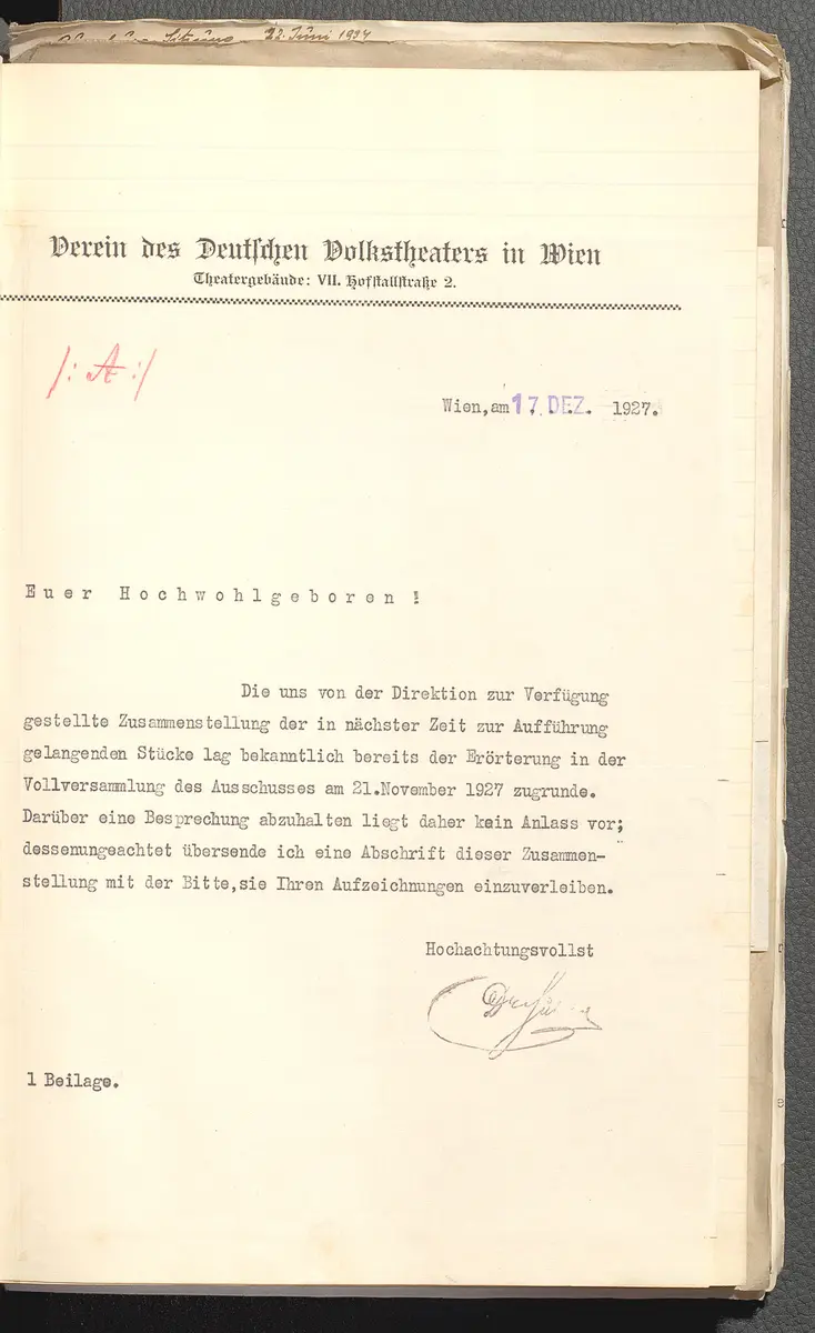 Protokolle der Ausschusssitzungen des Vereines des Deutschen Volkstheaters in Wien