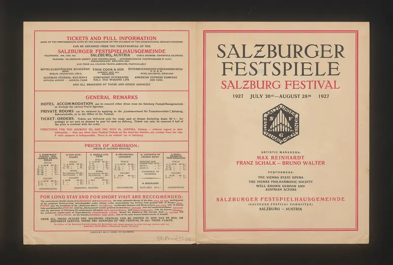 Salzburger Festspiele 1927, Titel in Vorlageform: Salzburg Festival 1927, Verweis auf Stücktitel: Fidelio, Verweis auf Stücktitel: Don Juan, Verweis auf Stücktitel: Figaros Hochzeit, Verweis auf Stücktitel: Kabale und Liebe, Verweis auf Stücktitel: Sommernachtstraum, Verweis auf Stücktitel: Jedermann
