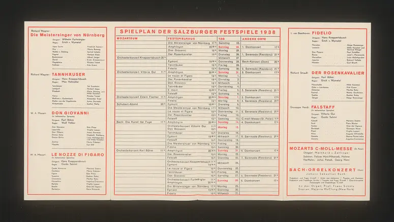 Salzburger Festspiele 1938, Titel in Vorlageform: Richtiggestellter Spielplan und Preiseinteilung, Verweis auf Stücktitel: Don Giovanni, Verweis auf Stücktitel: Falstaff, Verweis auf Stücktitel: Fidelio, Verweis auf Stücktitel: Die Meistersinger von Nürnberg, Verweis auf Stücktitel: Le nozze di figaro, Verweis auf Stücktitel: Der Rosenkavalier, Verweis auf Stücktitel: Tannhäuser, Verweis auf Stücktitel: Amphitrion, Verweis auf Stücktitel: Egmont
