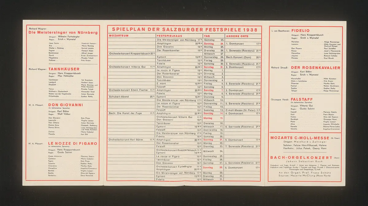 Salzburger Festspiele 1938, Titel in Vorlageform: Richtiggestellter Spielplan und Preiseinteilung, Verweis auf Stücktitel: Don Giovanni, Verweis auf Stücktitel: Falstaff, Verweis auf Stücktitel: Fidelio, Verweis auf Stücktitel: Die Meistersinger von Nürnberg, Verweis auf Stücktitel: Le nozze di figaro, Verweis auf Stücktitel: Der Rosenkavalier, Verweis auf Stücktitel: Tannhäuser, Verweis auf Stücktitel: Amphitrion, Verweis auf Stücktitel: Egmont