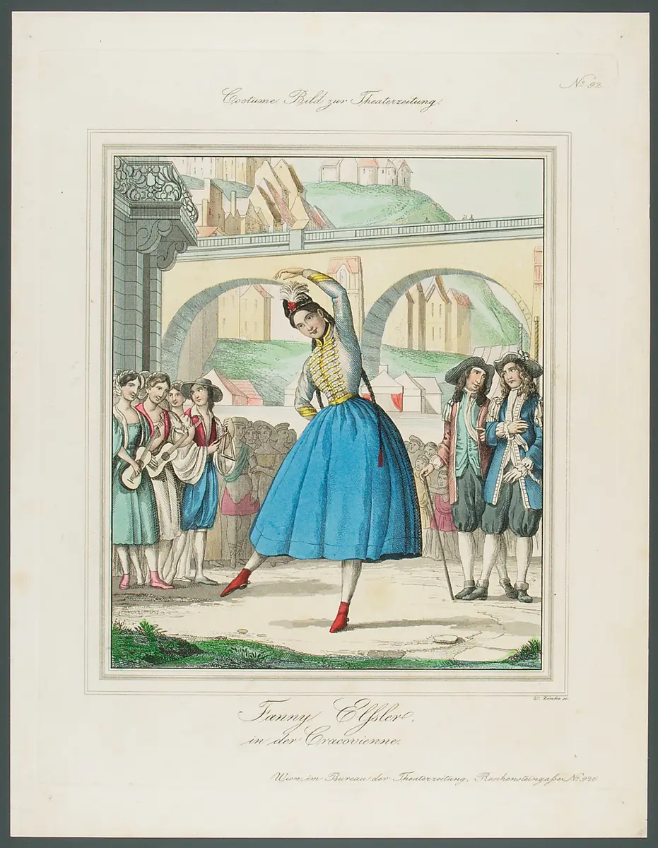Fanny Elßler, Titel in Vorlageform: Fanny Elssler in der Cracovienne, Titel der Serie: Costume-Bild, Name der Zeitschrift: Wiener Theaterzeitung, Verweis auf Stücktitel: Die Zigeunerin (La Gipsy)