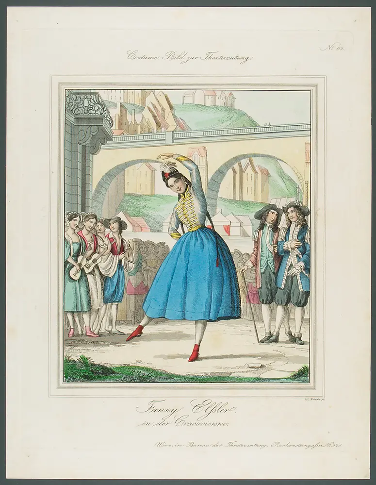 Fanny Elßler, Titel in Vorlageform: Fanny Elssler in der Cracovienne, Titel der Serie: Costume-Bild, Name der Zeitschrift: Wiener Theaterzeitung, Verweis auf Stücktitel: Die Zigeunerin (La Gipsy)
