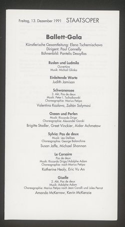 Ballett-Gala, Schwanensee, Ozean und Perlen, Sylvia: Pas de deux, Le corsaire, Giselle, Don Quixote, Der sterbende Schwan, Salome, Rückkehr ins femde Land, Radio Vienna, Other Dances, Antinous, The leaves are fading, Caught