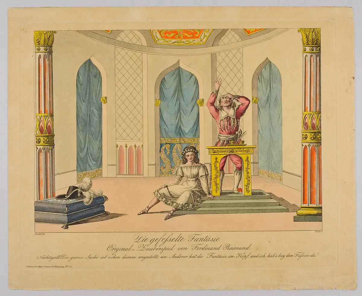 Die gefesselte Fantasie, Alternativtitel: Die gefesselte Phantasie, Titel der Serie: Gallerie drolliger Scenen, Name der Zeitschrift: Wiener Theaterzeitung