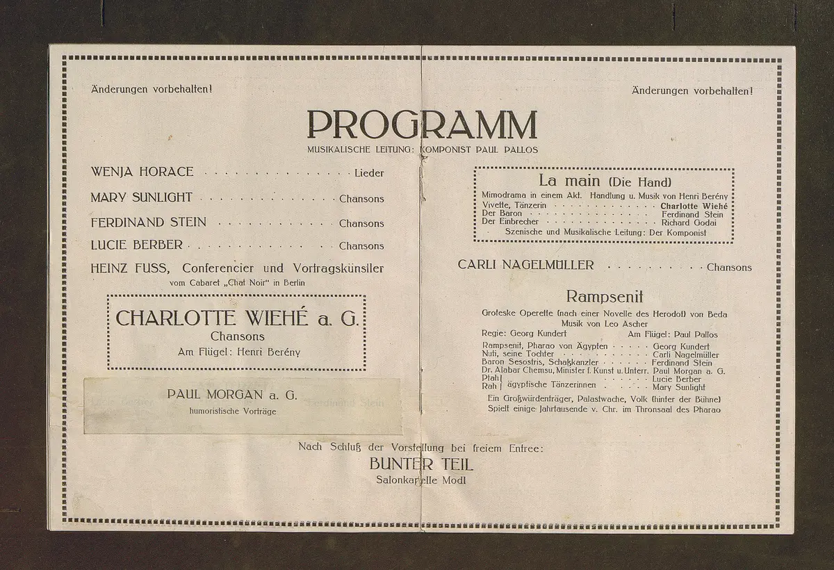 Kabarett Fledermaus, Titel in Vorlageform: Fledermaus Theater und Cabaret, Verweis auf Stücktitel: Rampsenit, Verweis auf Stücktitel: La main