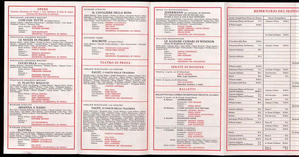 Salzburger Festspiele 1964, Titel in Vorlageform: Salzburgo Festival musicale 1964, Verweis auf Stücktitel: Cosi fan tutte, Verweis auf Stücktitel: Figaros Hochzeit, Verweis auf Stücktitel: Lucio Silla, Verweis auf Stücktitel: Die Zauberflöte, Verweis auf Stücktitel: Ariadne auf Naxos, Verweis auf Stücktitel: Elektra, Verweis auf Stücktitel: Der Rosenkavalier, Verweis auf Stücktitel: Macbeth, Verweis auf Stücktitel: Jedermann, Verweis auf Stücktitel: Faust, Verweis auf Stücktitel: Die lustigen Weiber von Windsor