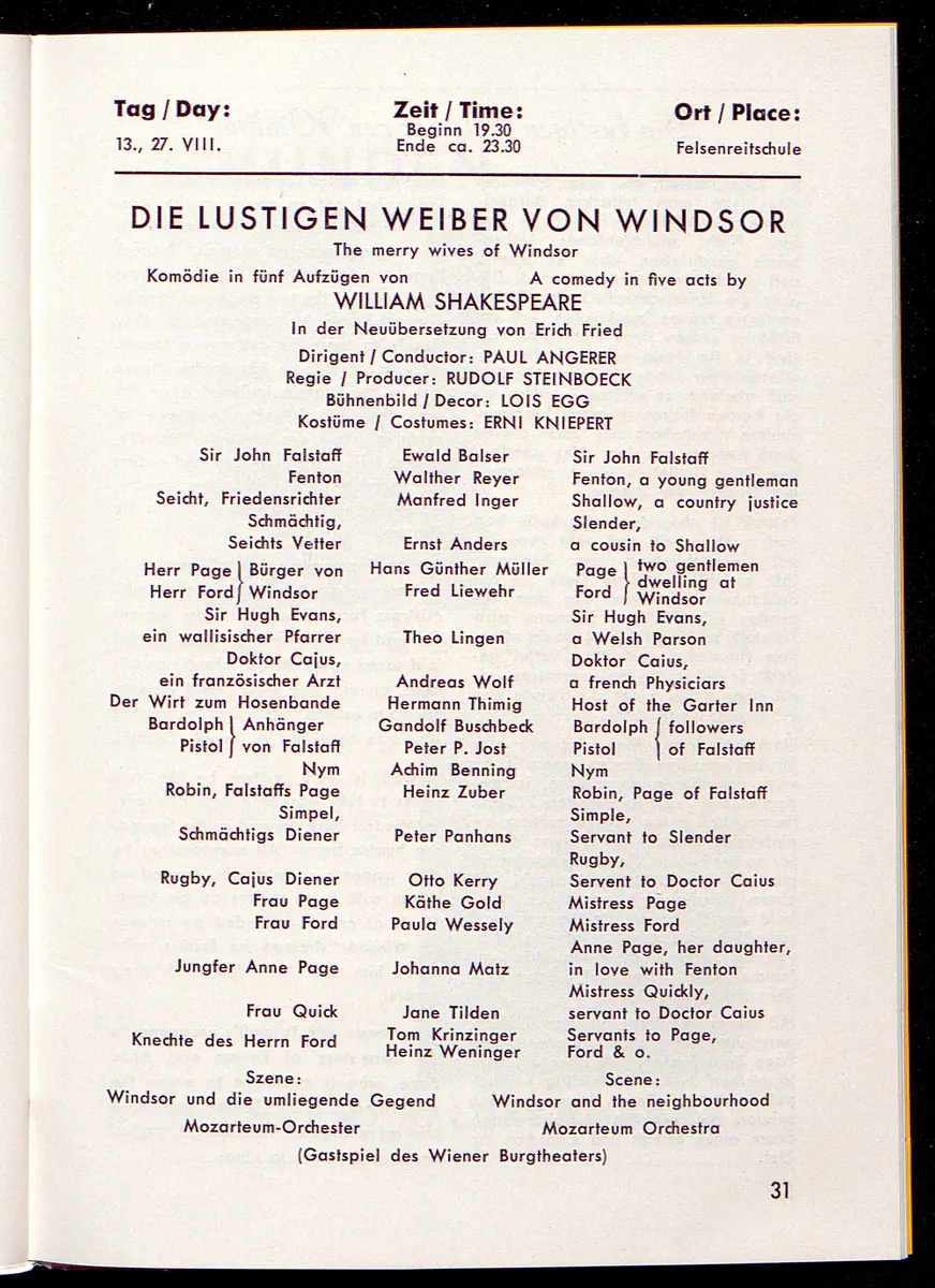 Salzburger Festspiele 1964, Titel in Vorlageform: Salzburgo Festival 1964, Verweis auf Stücktitel: Cosi fan tutte, Verweis auf Stücktitel: Figaros Hochzeit, Verweis auf Stücktitel: Lucio Silla, Verweis auf Stücktitel: Die Zauberflöte, Verweis auf Stücktitel: Ariadne auf Naxos, Verweis auf Stücktitel: Elektra, Verweis auf Stücktitel: Der Rosenkavalier, Verweis auf Stücktitel: Macbeth, Verweis auf Stücktitel: Jedermann, Verweis auf Stücktitel: Faust, Verweis auf Stücktitel: Die lustigen Weiber von Windsor