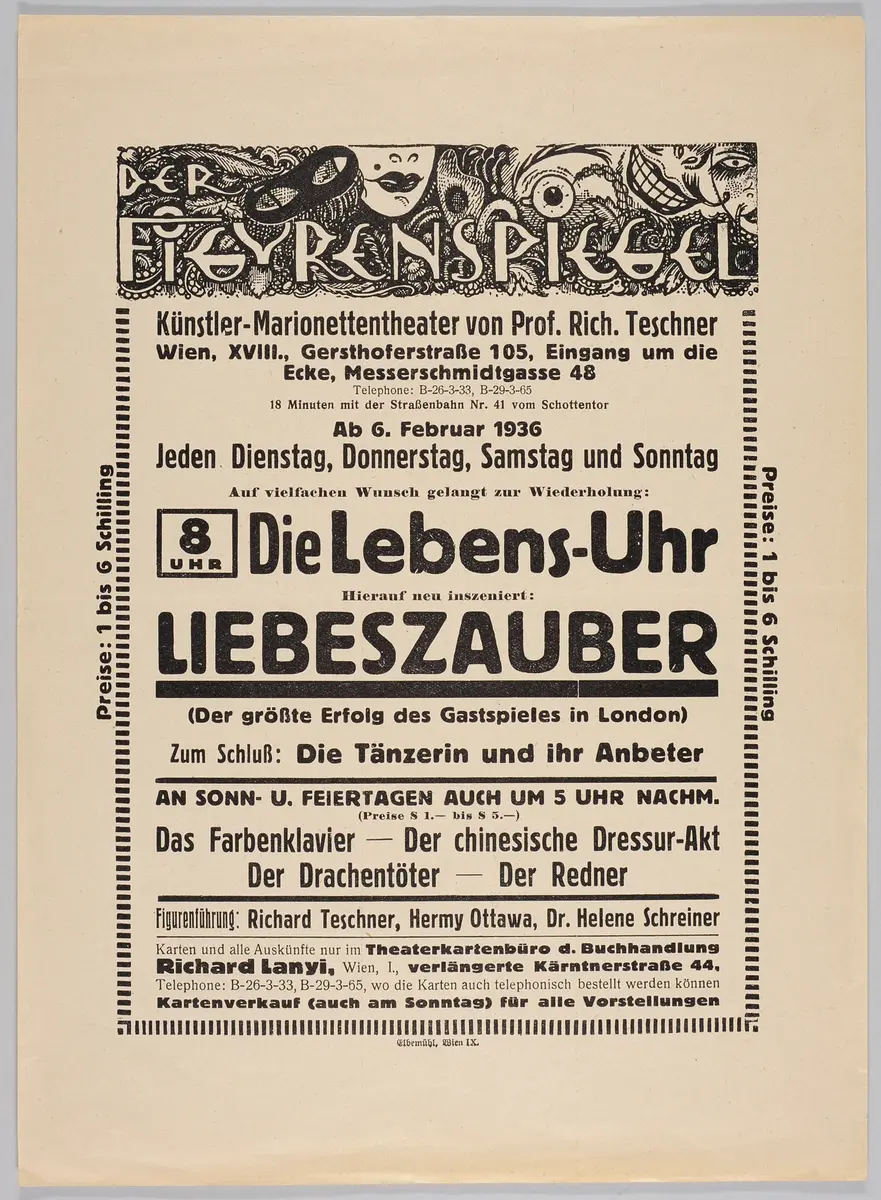 Der Figurenspiegel, Verweis auf Stücktitel: Die Lebens-Uhr, Verweis auf Stücktitel: Liebeszauber, Verweis auf Stücktitel: Die Tänzerin / Die bunte Tänzerin / Die Tänzerin und ihr Anbeter, Verweis auf Stücktitel: Das Farbenklavier, Verweis auf Stücktitel: Dressurakt / Chinesischer Dressurakt, Verweis auf Stücktitel: Der Drachentöter, Verweis auf Stücktitel: Der Redner