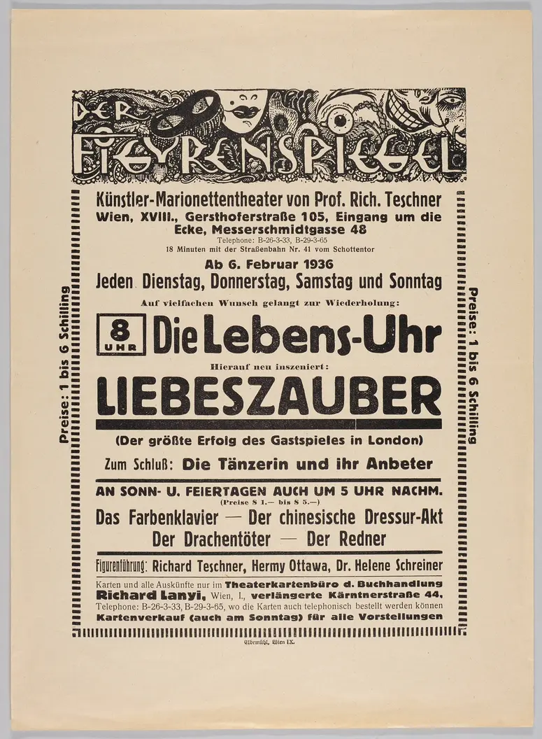 Der Figurenspiegel, Verweis auf Stücktitel: Die Lebens-Uhr, Verweis auf Stücktitel: Liebeszauber, Verweis auf Stücktitel: Die Tänzerin / Die bunte Tänzerin / Die Tänzerin und ihr Anbeter, Verweis auf Stücktitel: Das Farbenklavier, Verweis auf Stücktitel: Dressurakt / Chinesischer Dressurakt, Verweis auf Stücktitel: Der Drachentöter, Verweis auf Stücktitel: Der Redner