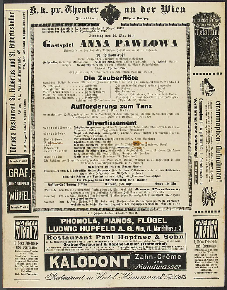Gastspiel Anna Pawlowa, Die Zauberflöte, Aufforderung zum Tanz, Divertissement, Der sterbene Schwan