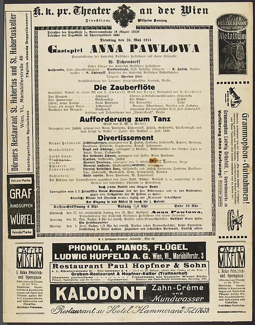 Gastspiel Anna Pawlowa, Die Zauberflöte, Aufforderung zum Tanz, Divertissement, Der sterbene Schwan
