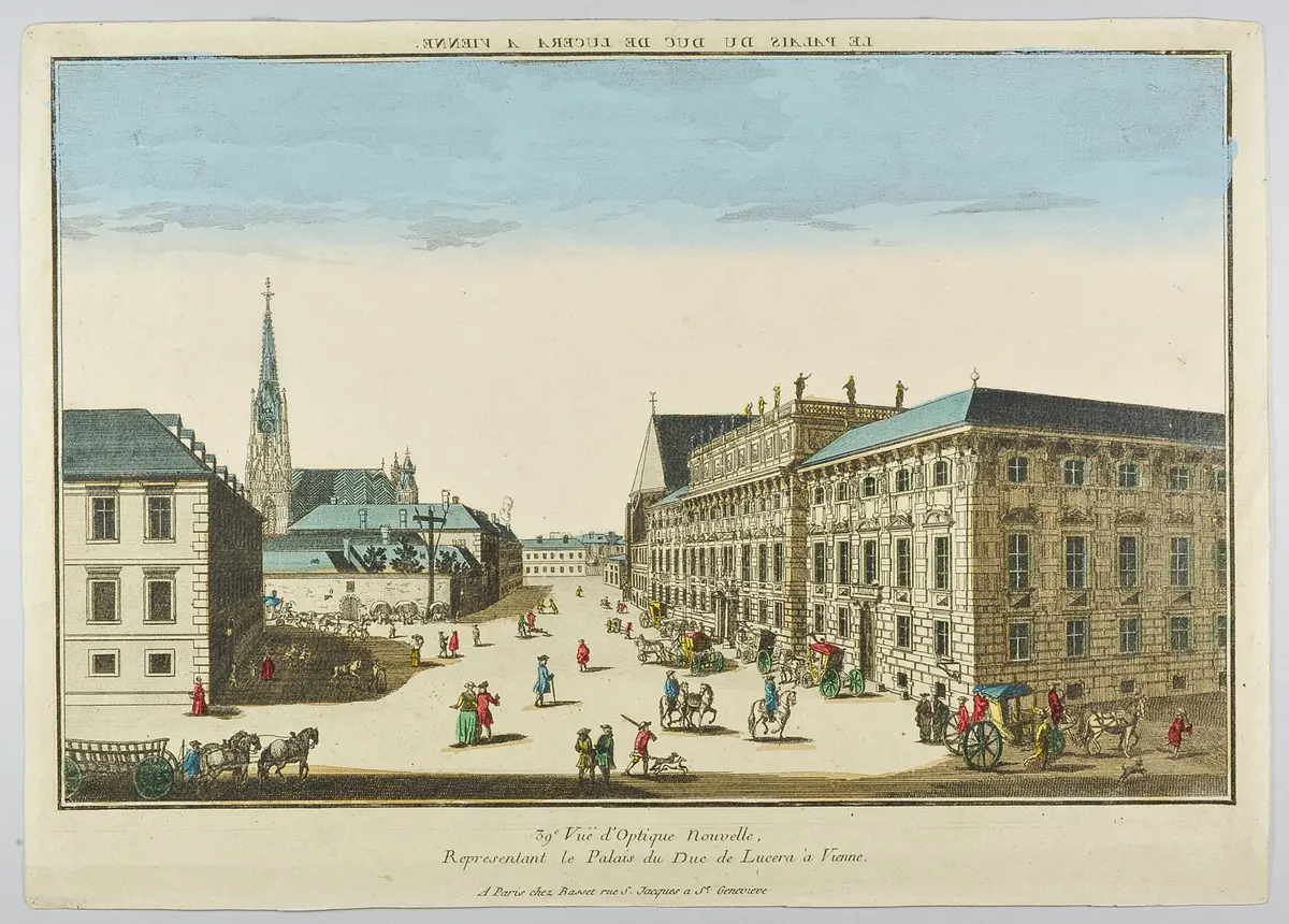 Wien (allgemein), Palais Lobkowitz, Titel in Vorlageform: Le Palais du Duc de Lucera a Vienne, Titel in Vorlageform: 39e Vue d'Optique Nouvelle, Representant la Palais du Duc de Lucera a Vienne.