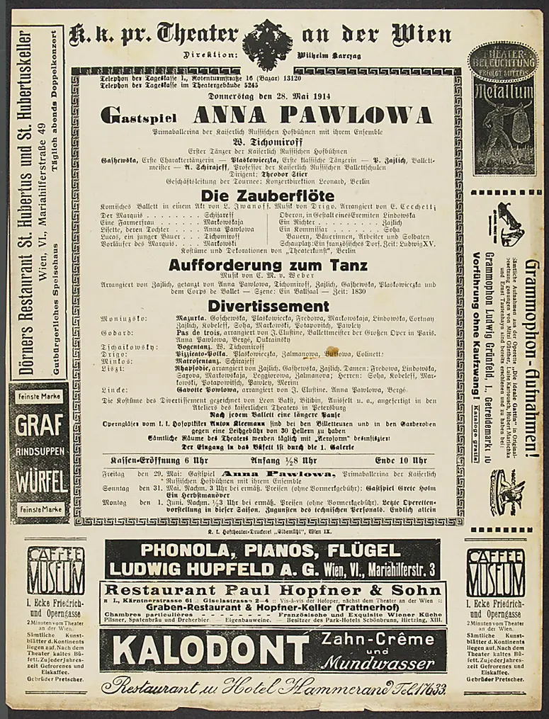 Gastspiel Anna Pawlowa, Die Zauberflöte, Aufforderung zum Tanz, Divertissement