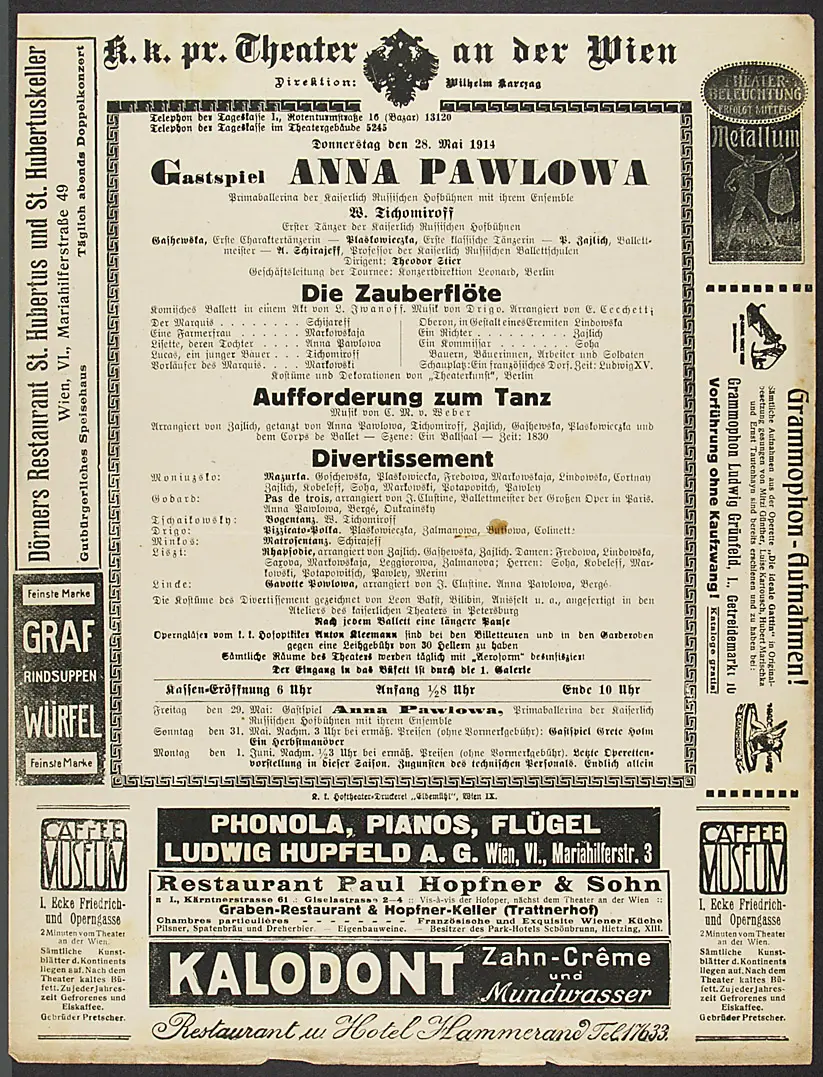 Gastspiel Anna Pawlowa, Die Zauberflöte, Aufforderung zum Tanz, Divertissement