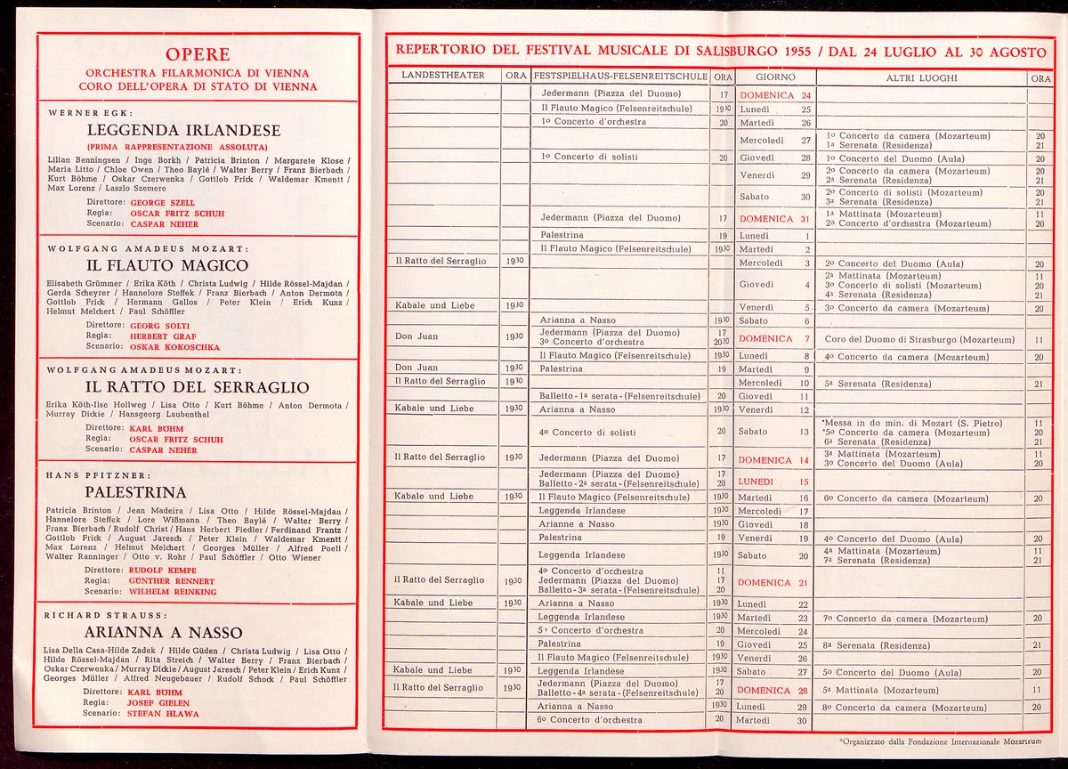 Salzburger Festspiele 1955, Titel in Vorlageform: Salzburgo Festival musicale 1955, Verweis auf Stücktitel: Irische Legende, Verweis auf Stücktitel: Zauberflöte, Verweis auf Stücktitel: Entführung aus dem Serail, Verweis auf Stücktitel: Palestrina, Verweis auf Stücktitel: Ariadne auf Naxos, Verweis auf Stücktitel: Jedermann, Verweis auf Stücktitel: Kabale und Liebe
