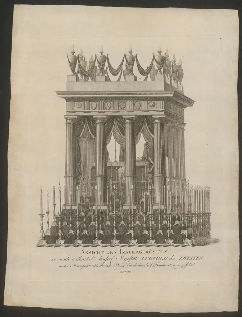 Prag (allgemein), Metropolitankirche, Weiterer Titel: Trauergerüst Leopold II., Titel in Vorlageform: Ansicht des Trauergerüstes so nach weiland Sr. kaiserl. Majestät Leopold des Zweiten in der Metropolitankirche zu Prag durch die Hof-Baudirektion ausgeführt worden.