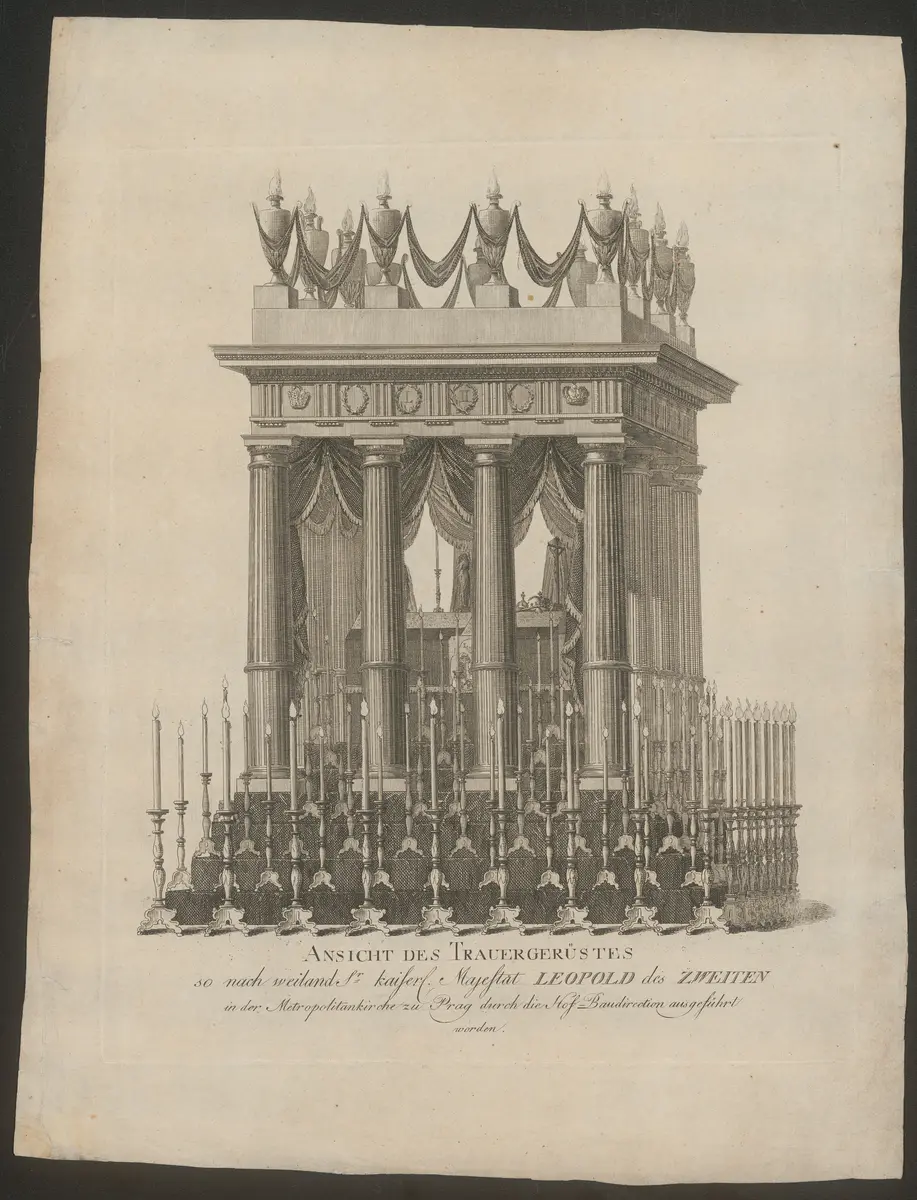 Prag (allgemein), Metropolitankirche, Weiterer Titel: Trauergerüst Leopold II., Titel in Vorlageform: Ansicht des Trauergerüstes so nach weiland Sr. kaiserl. Majestät Leopold des Zweiten in der Metropolitankirche zu Prag durch die Hof-Baudirektion ausgeführt worden.