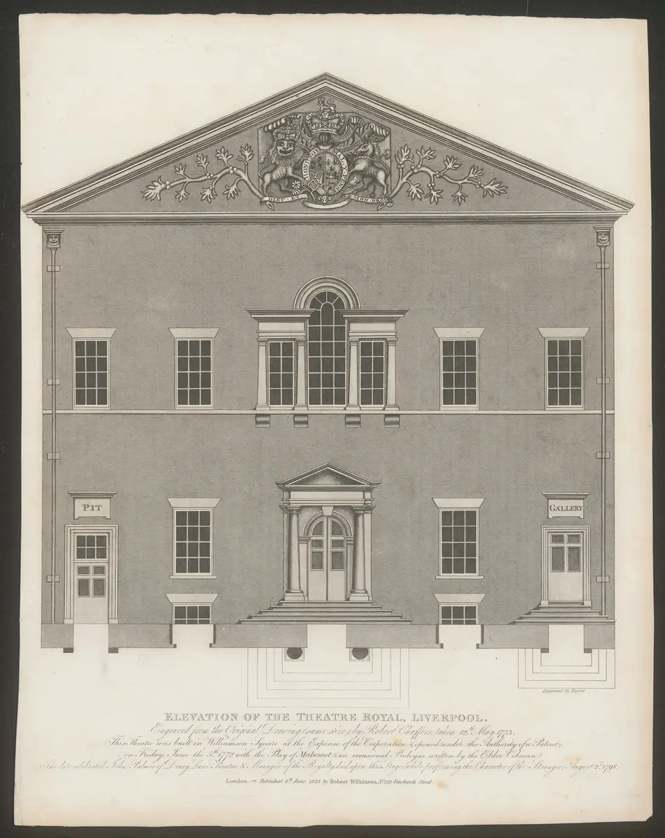 Liverpool, Theatre Royal, Titel in Vorlageform: Elevation of the Theatre Royal, Liverpool