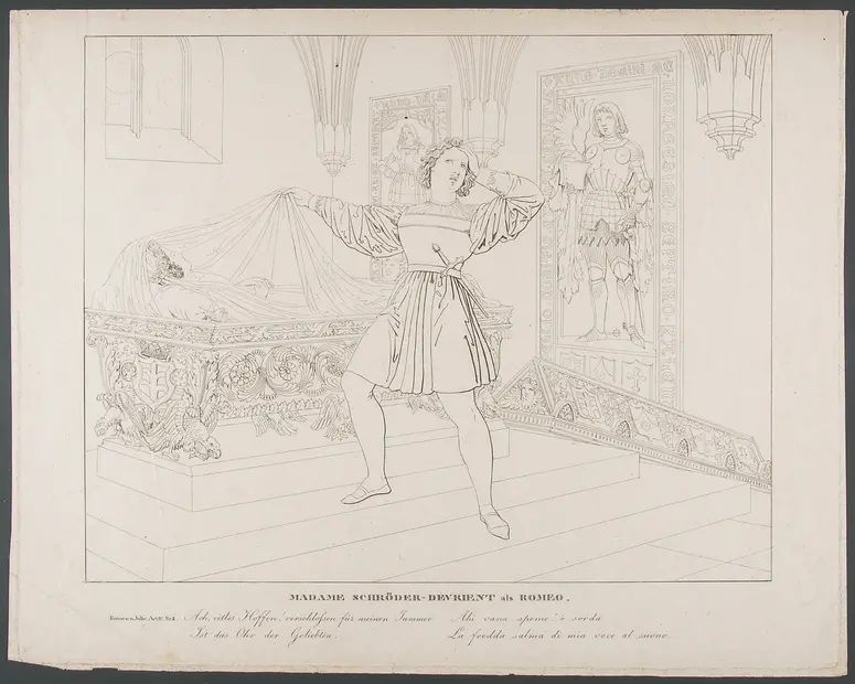 Wilhelmine Schröder-Devrient, Titel in Vorlageform: Madame Schroeder Devrient als Romeo, Verweis auf Stücktitel: Romeo und Julia, Verweis auf Stücktitel: I Capuleti e i Montecchi