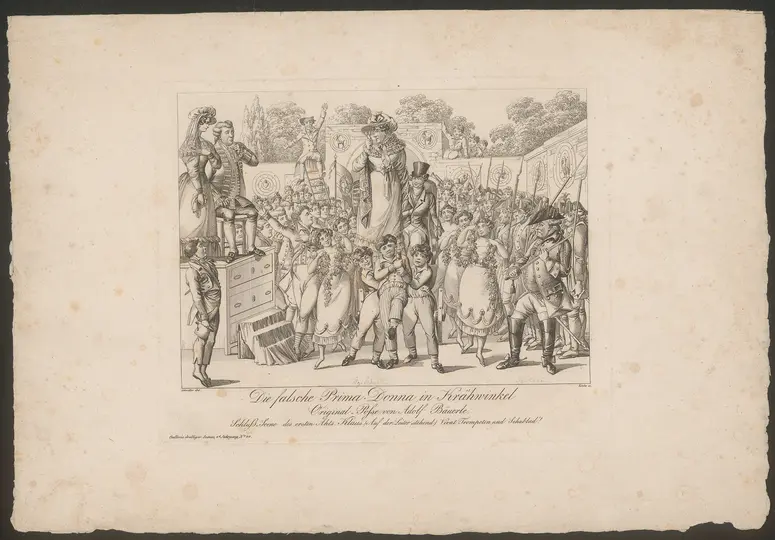 Die falsche Primadonna in Krähwinkel, Titel in Vorlageform: Die falsche Prima-Donna in Krähwinkel, Titel der Serie: Gallerie drolliger Scenen, Name der Zeitschrift: Wiener Theaterzeitung