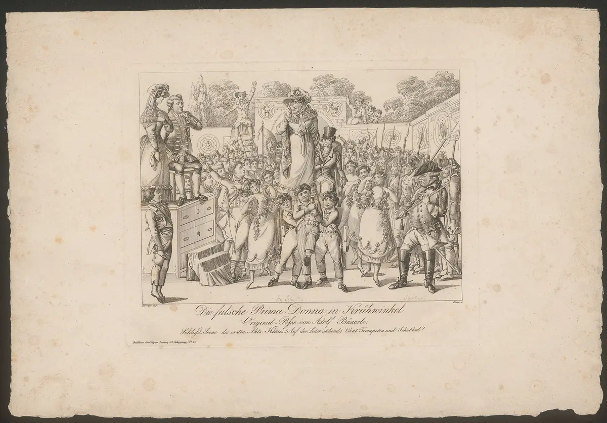 Die falsche Primadonna in Krähwinkel, Titel in Vorlageform: Die falsche Prima-Donna in Krähwinkel, Titel der Serie: Gallerie drolliger Scenen, Name der Zeitschrift: Wiener Theaterzeitung