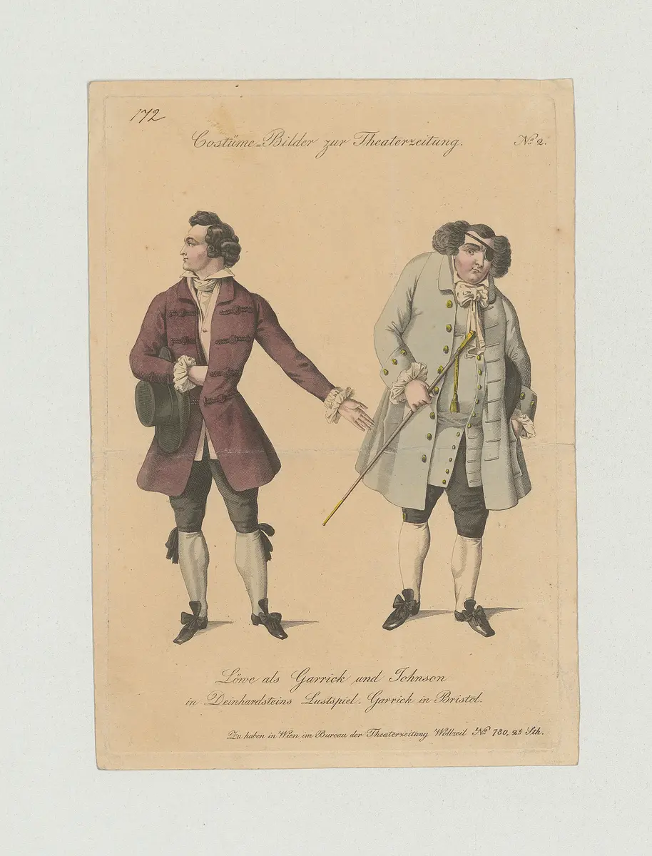 Ludwig Löwe, Titel der Serie: Costume-Bild, Name der Zeitschrift: Wiener Theaterzeitung, Verweis auf Stücktitel: Garrick in Bristol