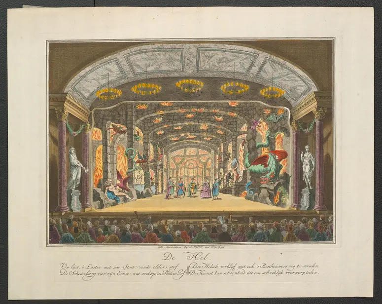 ohne Titel, Titel in Vorlageform: De Hel (Hölle), Titel der Serie: Toneeldecors van de Amsterdamse Schouwburg (Theaterdekorationen der Amsterdamer Schauburg), Verweis auf Stücktitel: Het Eeuwgetyde van den Amsteldamschen Schouwburg