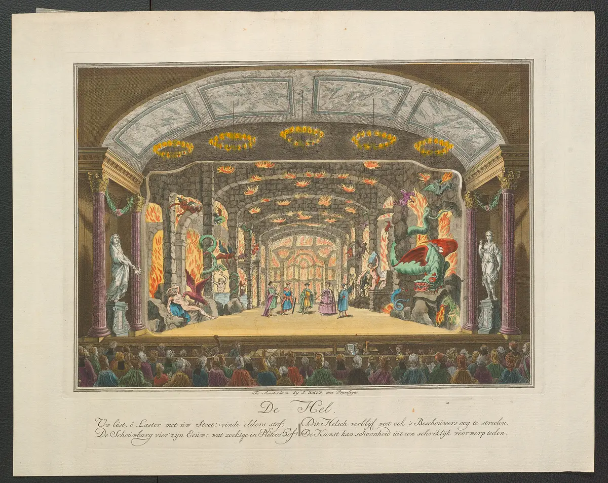 ohne Titel, Titel in Vorlageform: De Hel (Hölle), Titel der Serie: Toneeldecors van de Amsterdamse Schouwburg (Theaterdekorationen der Amsterdamer Schauburg), Verweis auf Stücktitel: Het Eeuwgetyde van den Amsteldamschen Schouwburg