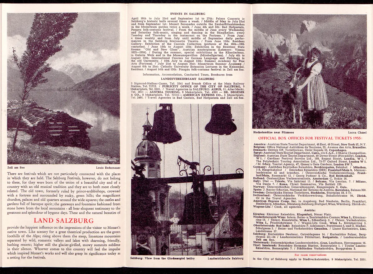 Salzburger Festspiele 1955, Titel in Vorlageform: Salzburg Festival 1955, Verweis auf Stücktitel: Irische Legende, Verweis auf Stücktitel: Zauberflöte, Verweis auf Stücktitel: Entführung aus dem Serail, Verweis auf Stücktitel: Palestrina, Verweis auf Stücktitel: Ariadne auf Naxos, Verweis auf Stücktitel: Jedermann, Verweis auf Stücktitel: Kabale und Liebe