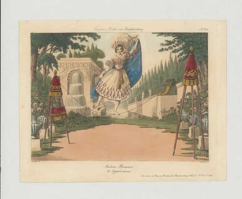 Madame Romanini, Titel der Serie: Costume-Bild, Name der Zeitschrift: Wiener Theaterzeitung, Verweis auf Stücktitel: Die Sylphide der Luft, Verweis auf Stücktitel: La sylphide arienne