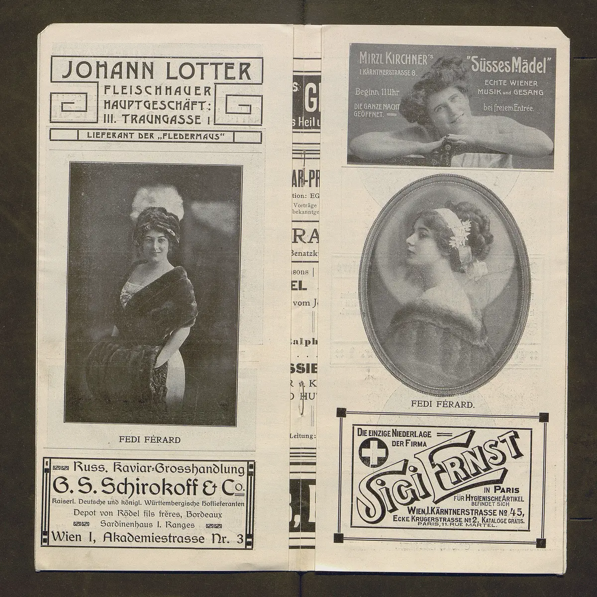 Kabarett Fledermaus, Titel in Vorlageform: Fledermaus 1911-12, Verweis auf Stücktitel: Colombinens Untreue, Verweis auf Stücktitel: Das blonde Abenteuer, Verweis auf Stücktitel: Kokottchens Mission, Verweis auf Stücktitel: Das Wartehäuschen, Verweis auf Stücktitel: Hier wird geliebt