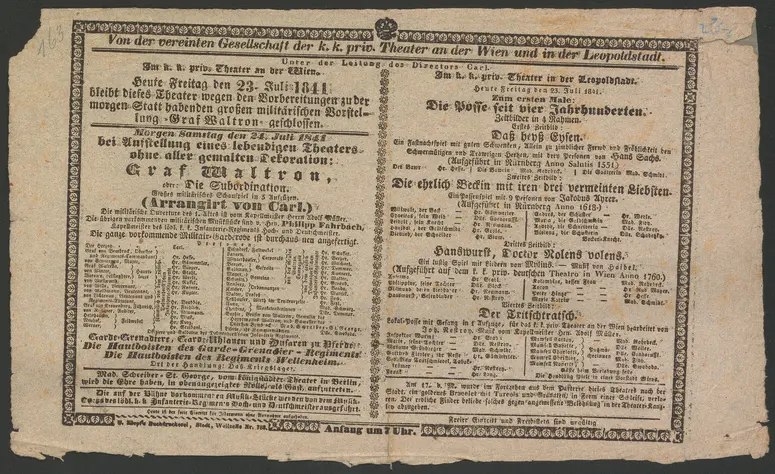Graf Waltron, oder Die Subordination, Die Posse seit vier Jahrhunderten, Daß heyß Eysen, Die ehrlich Beck'in mit iren drei vermeinten Liebsten, Hanswurst, Doctor Nolens volens, Der Tritschtratsch