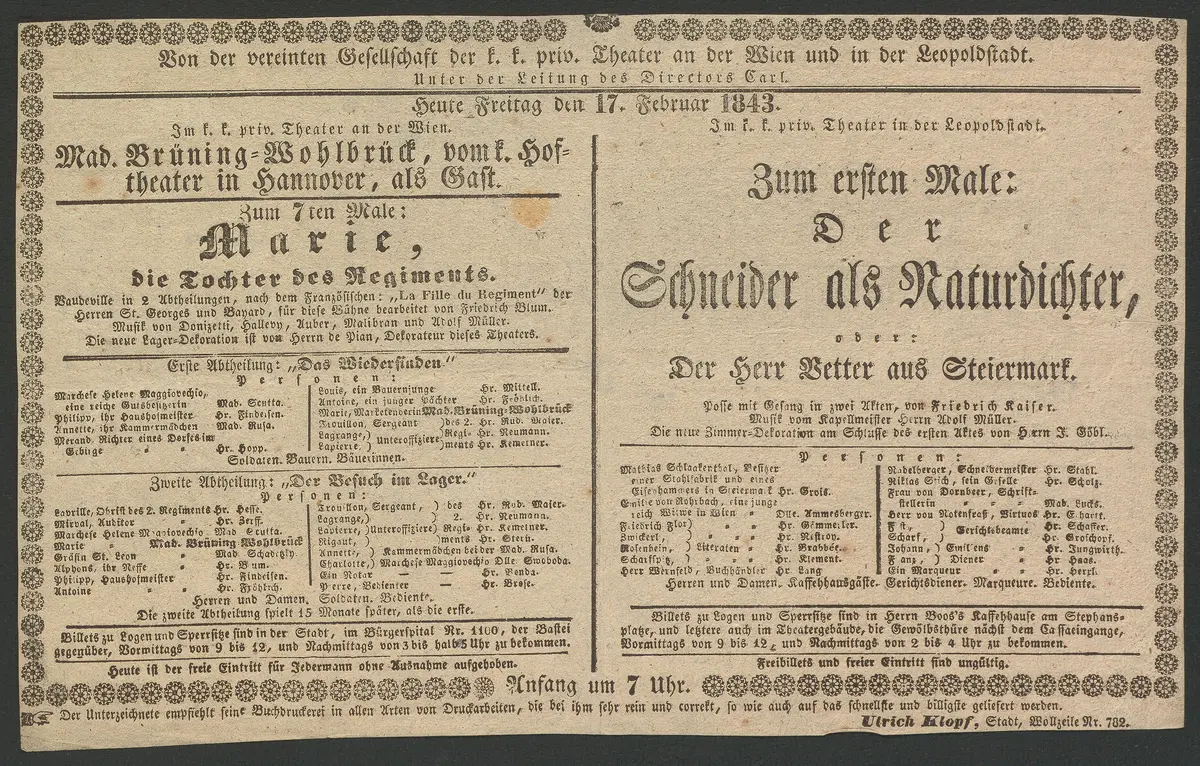 Marie, die Tochter des Regiments, Der Schneider als Naturdichter, oder Der Herr Vetter aus Steiermark