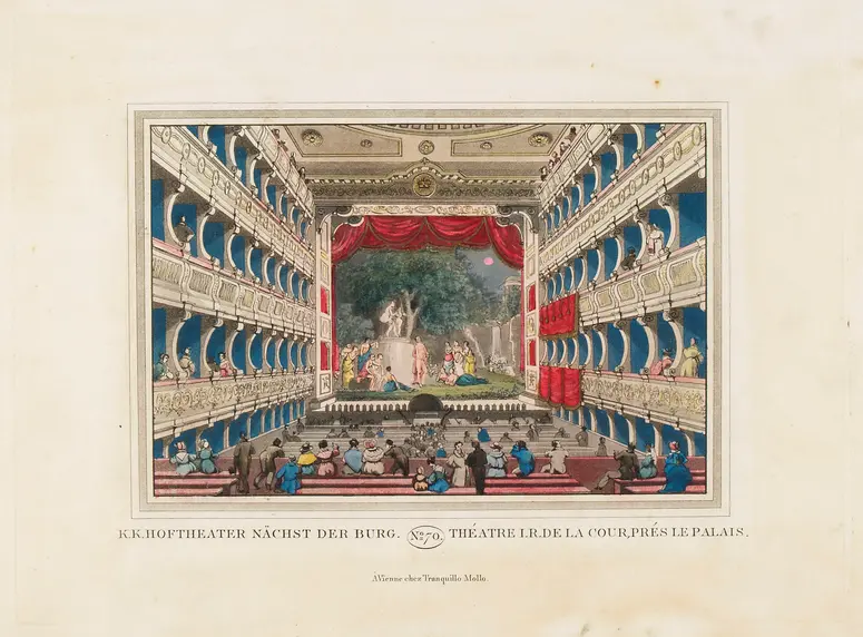 Wien, Altes Burgtheater, Titel in Vorlageform: k.k. Hofburgtheater nächst der Burg, Titel in Vorlageform: Théatre i.r. de la cour, prés le palais, Titel der Serie: Wiens vorzüglichste Gebäude und Monumente