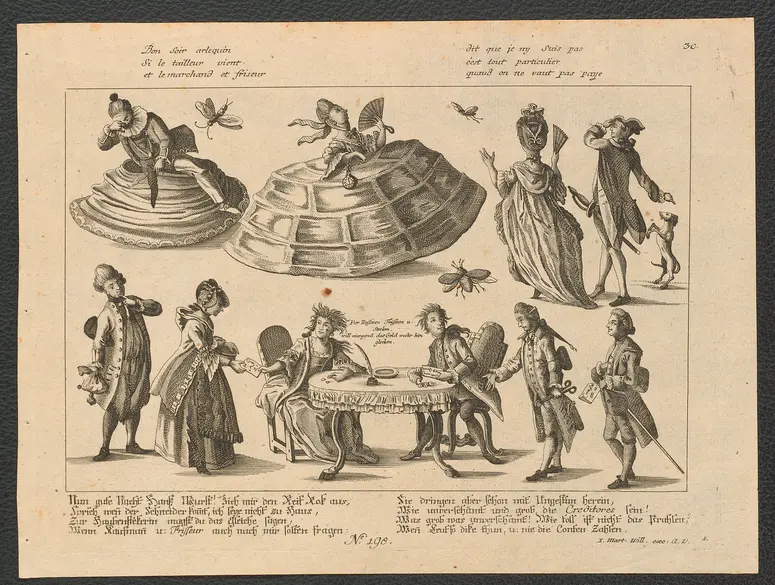Nun gute Nacht Hanß Wurst! Zieh mir den Reif Rok aus, / Sprich wenn der Schneider kommt, ich seye nicht zu Haus [...], Weiterer Titel: Bon soir arlequin / Si le tailleur vient [...]
