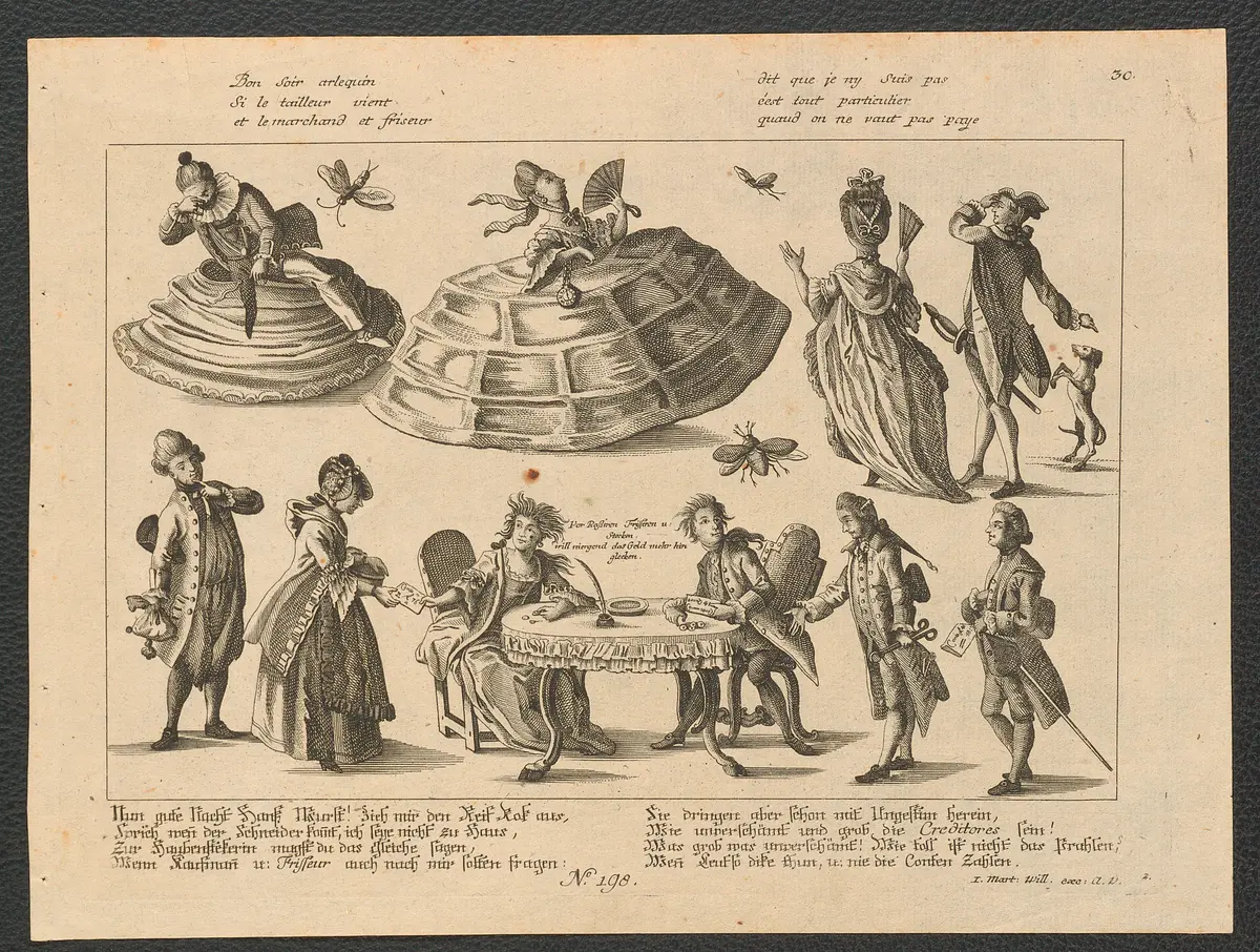 Nun gute Nacht Hanß Wurst! Zieh mir den Reif Rok aus, / Sprich wenn der Schneider kommt, ich seye nicht zu Haus [...], Weiterer Titel: Bon soir arlequin / Si le tailleur vient [...]