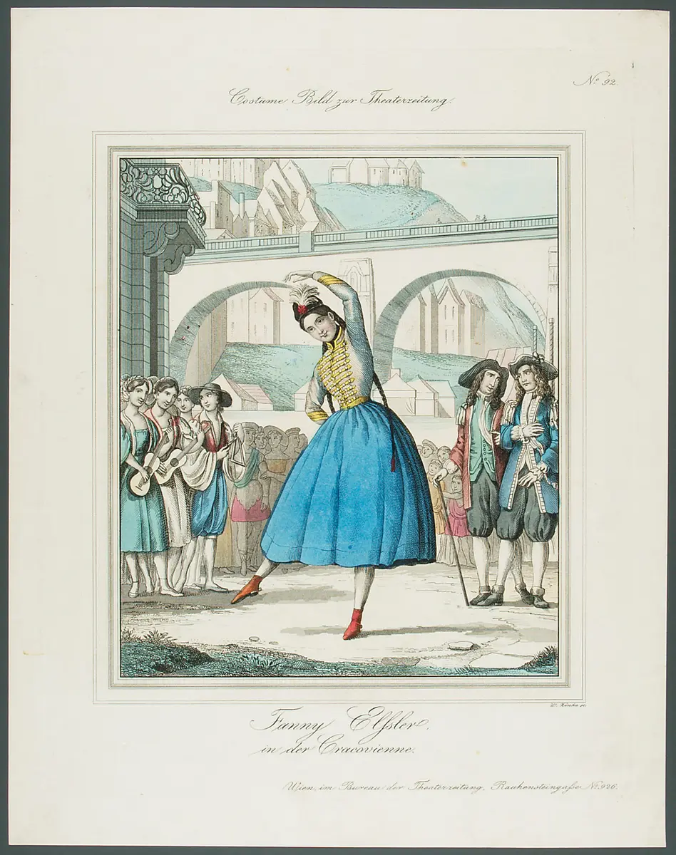 Fanny Elßler, Titel in Vorlageform: Fanny Elssler in der Cracovienne, Titel der Serie: Costume-Bild, Name der Zeitschrift: Wiener Theaterzeitung, Verweis auf Stücktitel: Die Zigeunerin (La Gipsy)