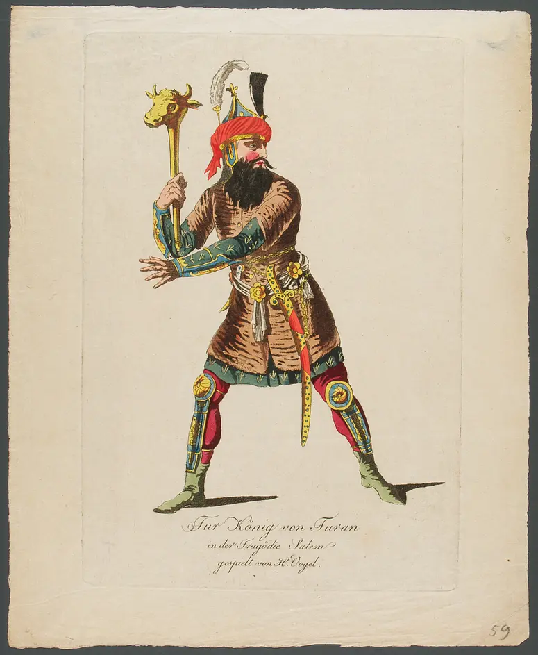 Johann Michael Vogl, Titel in Vorlageform: Tur König von Turan in der Tragödie Salem gespielt von H. Vogel, Verweis auf Stücktitel: Salem