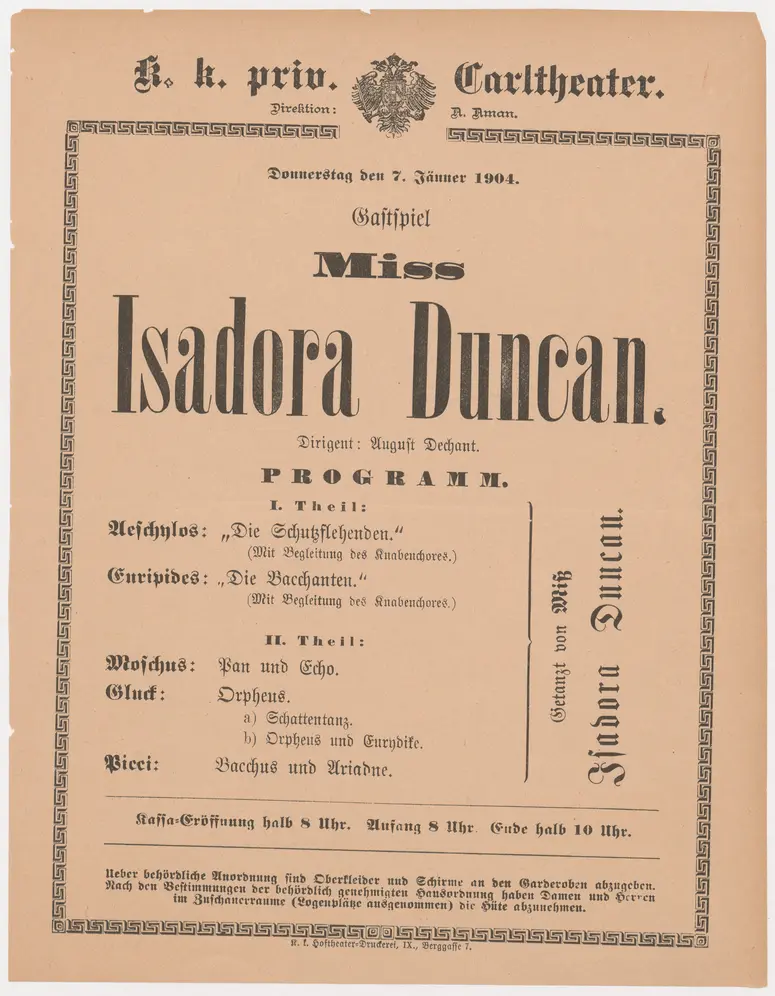 Gastspiel Miss Isadora Duncan, Verweis auf Stücktitel: Die Schutzflehenden, Verweis auf Stücktitel: Die Bacchanten, Verweis auf Stücktitel: Pan und Echo, Verweis auf Stücktitel: Orpheus, Verweis auf Stücktitel: Bacchus und Ariadne