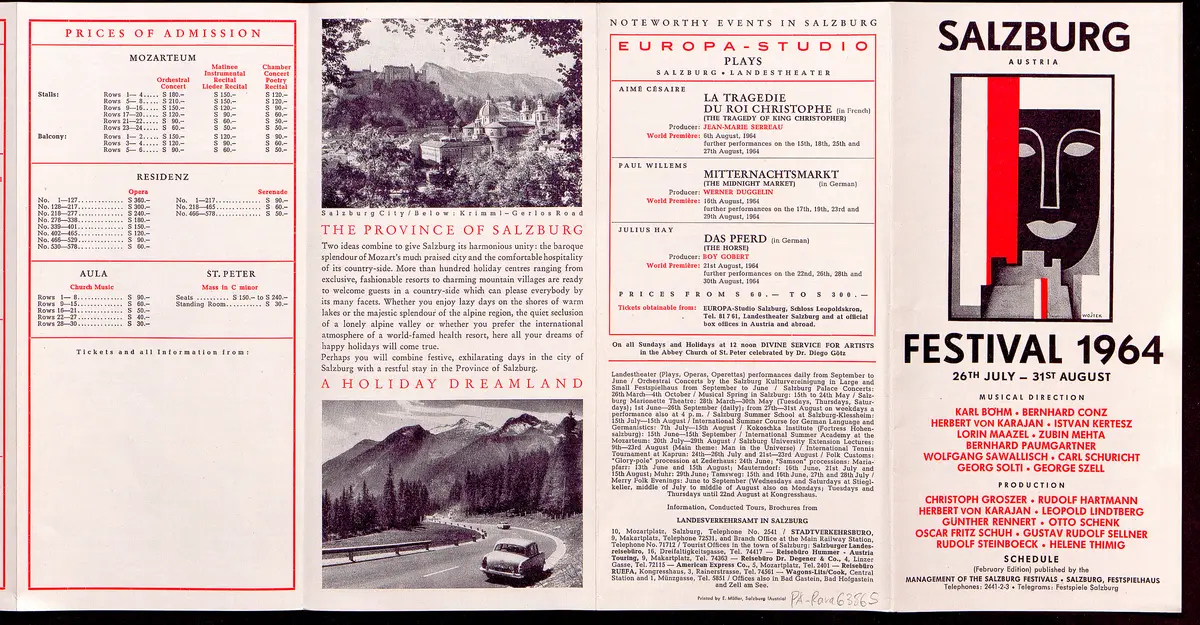 Salzburger Festspiele 1964, Titel in Vorlageform: Salzburg Festival 1964, Verweis auf Stücktitel: Cosi fan tutte, Verweis auf Stücktitel: Figaros Hochzeit, Verweis auf Stücktitel: Lucio Silla, Verweis auf Stücktitel: Die Zauberflöte, Verweis auf Stücktitel: Ariadne auf Naxos, Verweis auf Stücktitel: Elektra, Verweis auf Stücktitel: Der Rosenkavalier, Verweis auf Stücktitel: Macbeth, Verweis auf Stücktitel: Jedermann, Verweis auf Stücktitel: Faust, Verweis auf Stücktitel: Die lustigen Weiber von Windsor