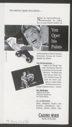 Ballett-Gala, Schwanensee, Ozean und Perlen, Sylvia: Pas de deux, Le corsaire, Giselle, Don Quixote, Der sterbende Schwan, Salome, Rückkehr ins femde Land, Radio Vienna, Other Dances, Antinous, The leaves are fading, Caught