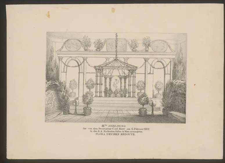 Wien (allgemein), Redoutensaal, Titel in Vorlageform: IIIte ABBILDUNG der von Decorateur Carl Hoer am 6. Februar 1831 in den k.k. Redouten-Sälen in Wien arrangierten FLORA DEVISEN REDOUTE.