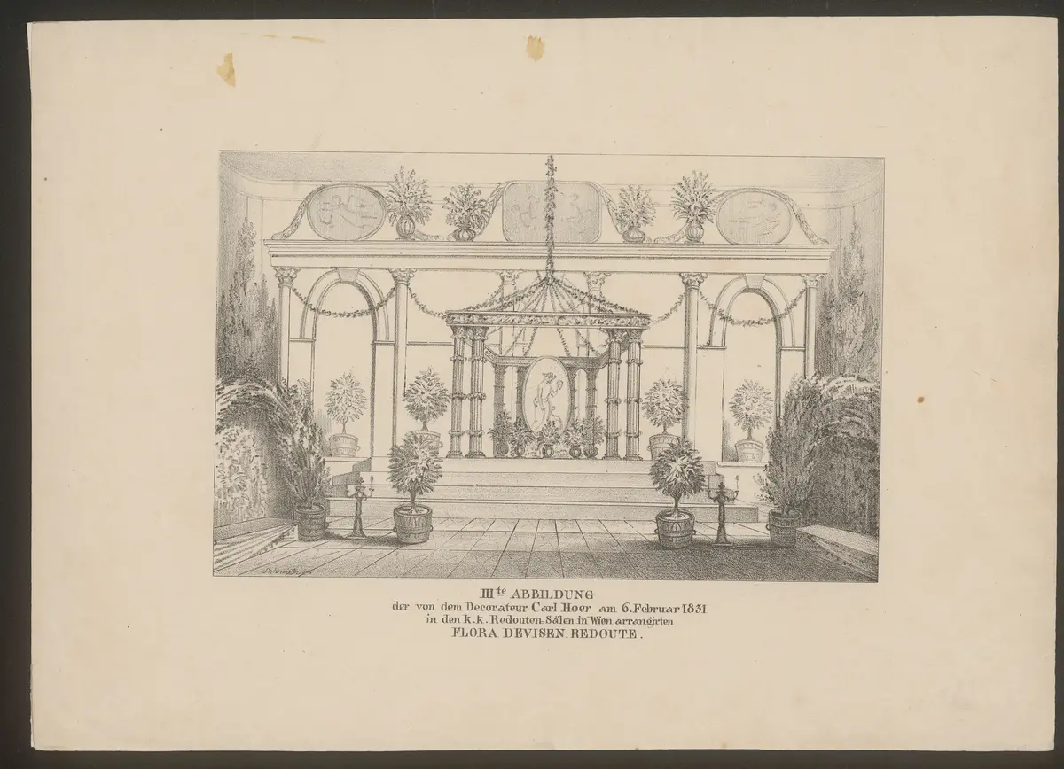 Wien (allgemein), Redoutensaal, Titel in Vorlageform: IIIte ABBILDUNG der von Decorateur Carl Hoer am 6. Februar 1831 in den k.k. Redouten-Sälen in Wien arrangierten FLORA DEVISEN REDOUTE.