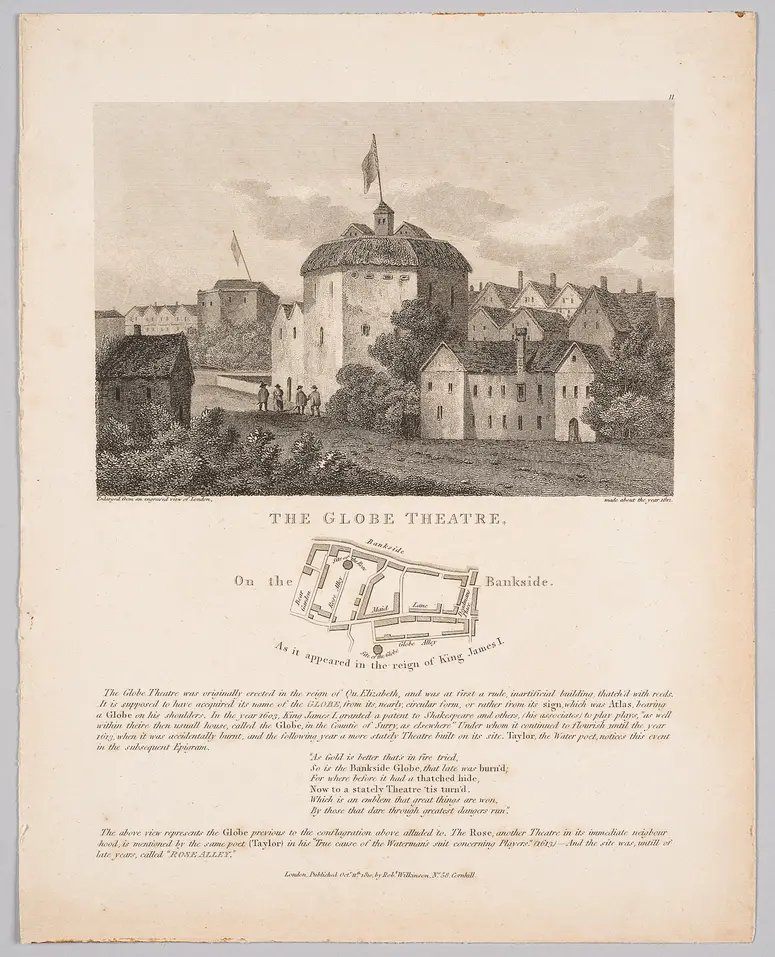 London, Globe Theatre, Titel in Vorlageform: The Globe Theatre, On the Bankside. As it appeared in the reign of King James I., Titel der Serie: Londina Illustrata